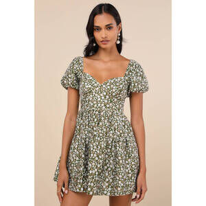 Lulus Confident Sweetheart Olive Floral Jacquard Tiered Mini Dress Green